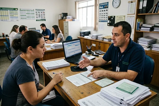 Despachante explicando sobre a transferência de veículo em Canoas a um cliente.