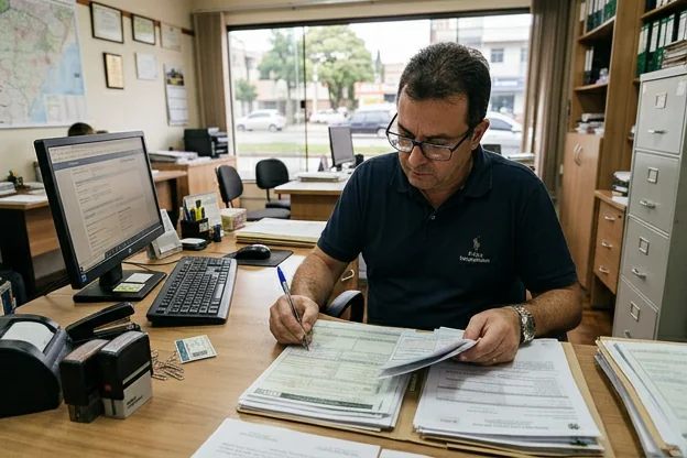Despachante revisando documentos de licenciamento de veículo em Canoas.