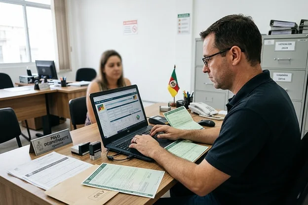 Profissional registrando veículo em Canoas com documentos e computador.